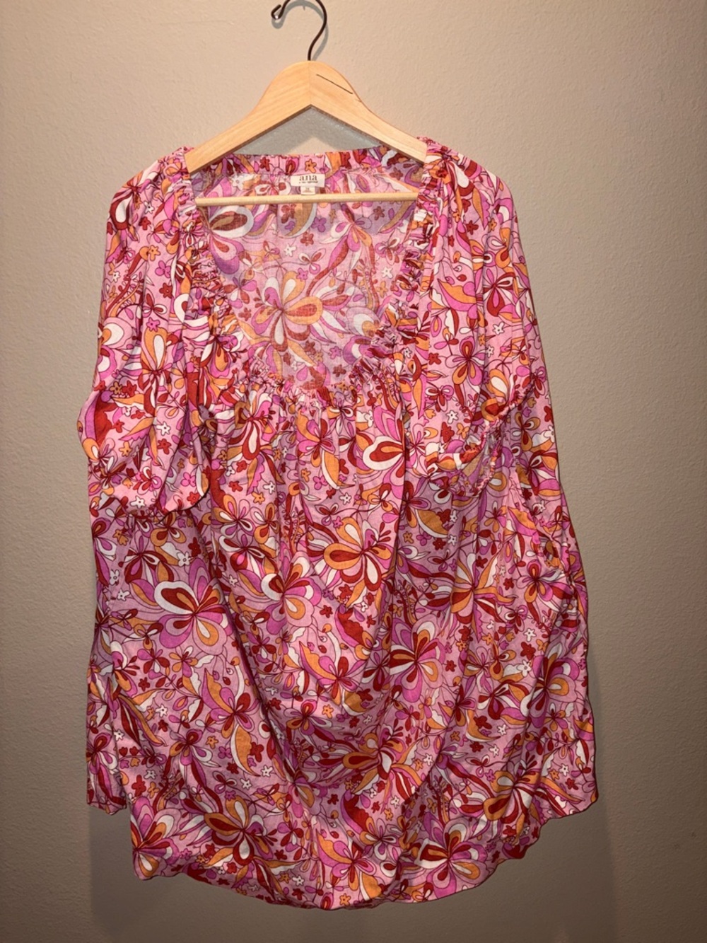 a.n.a 2X Floral Linen Blend Blouse Puff Sleeve Pockets Plus Size Boho Pink Top - Picture 10 of 16